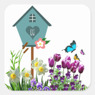 Blue Birdhouse in Butterfly Flower Garden Quadratischer Aufkleber