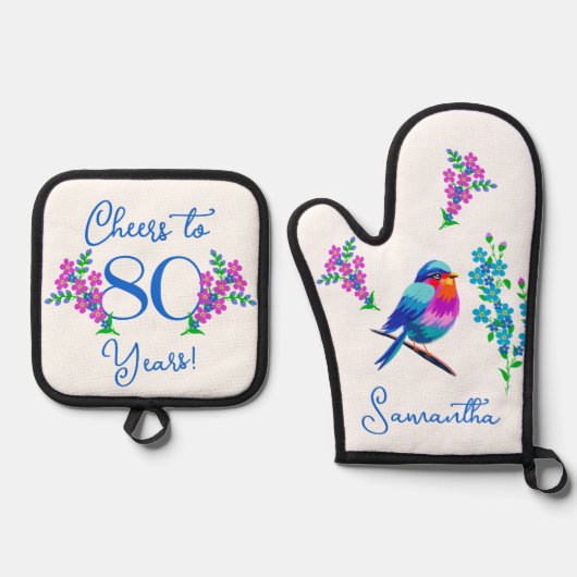 Blue Birdie Vergiss mich Nicht Blume 80. Geburtsta Ofenhandschuh & Topflappen-Set (Vorderseite)