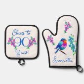 Blue Birdie Vergiss mich Nicht Blume 90. Geburtsta Ofenhandschuh & Topflappen-Set (Vorderseite)