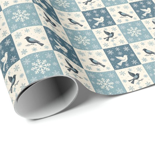 Blue Birds and Snowflakes Christmas Winter Pattern Geschenkpapier (Rolleneckpunkt)