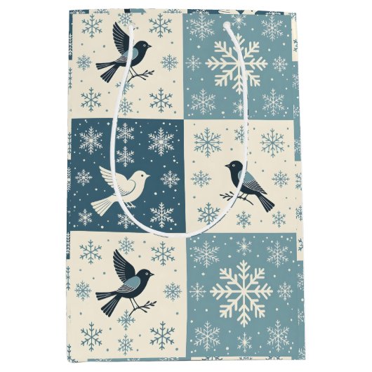 Blue Birds and Snowflakes Christmas Winter Pattern Mittlere Geschenktüte (Vorderseite)