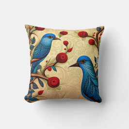 Blue Birds Folk Art Red Blume Wirbel Kissen