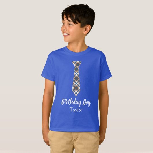 Blue Birthday Boy Karierte Krawatte T-Shirt (Vorne ganz)