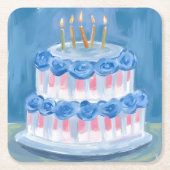 Blue Birthday Cake Watercolor Celebration Party Rechteckiger Pappuntersetzer (Vorderseite)