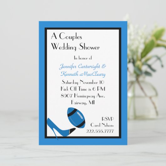 Blue & Black 2 Football Polterabend Einladung (Stehend Vorderseite)