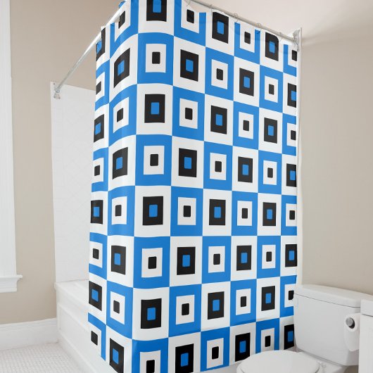 Blue Black and White Checkered Squares Pattern Duschvorhang