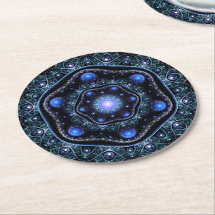 Blue Black Aquamarin Shining Lace Boho Fraktal Man Runder Pappuntersetzer
