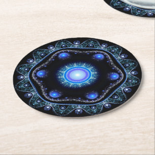 Blue Black Aquamarin Shining Lace Boho Fraktal Man Runder Pappuntersetzer