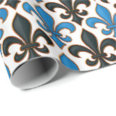 Blue Black Baroque Fleur-de-lis Pattern Design Geschenkpapier (Rolleneckpunkt)
