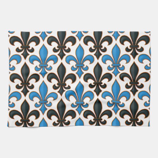 Blue Black Baroque Fleur-de-lis Pattern Design  Geschirrtuch (Horizontal)