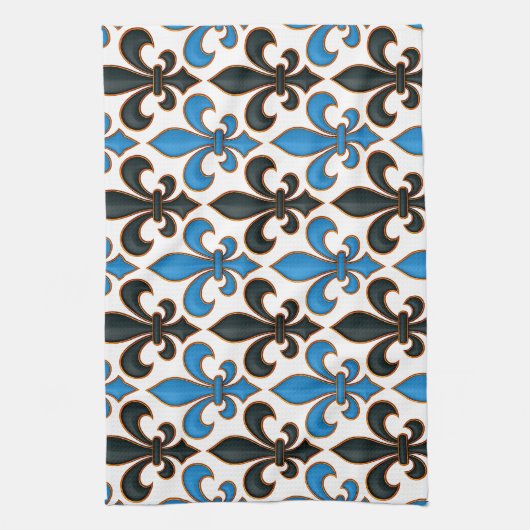 Blue Black Baroque Fleur-de-lis Pattern Design  Geschirrtuch (Vertikal)