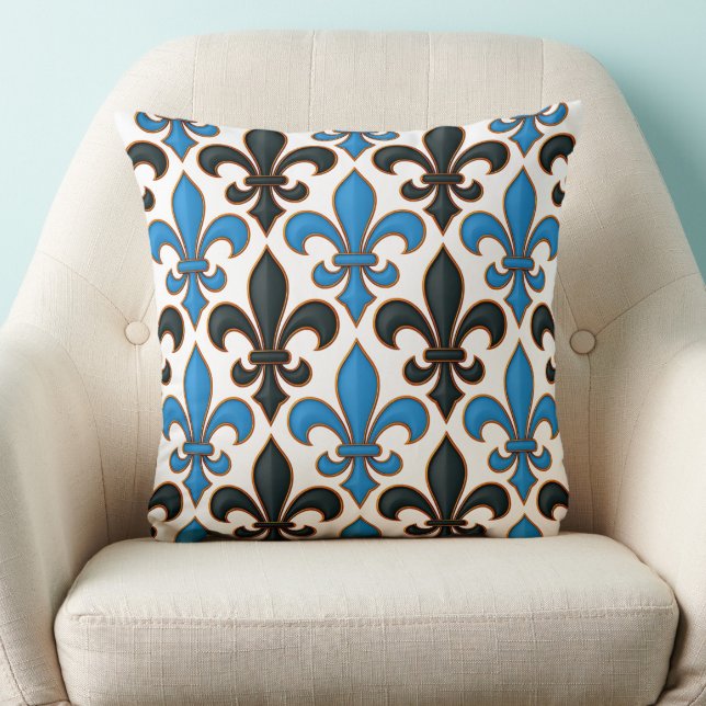 Blue Black Baroque Fleur-de-lis Pattern Design  Kissen (Von Creator hochgeladen)