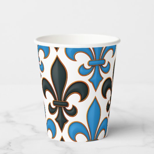 Blue Black Baroque Fleur-de-lis Pattern Design  Pappbecher (Rückseite)