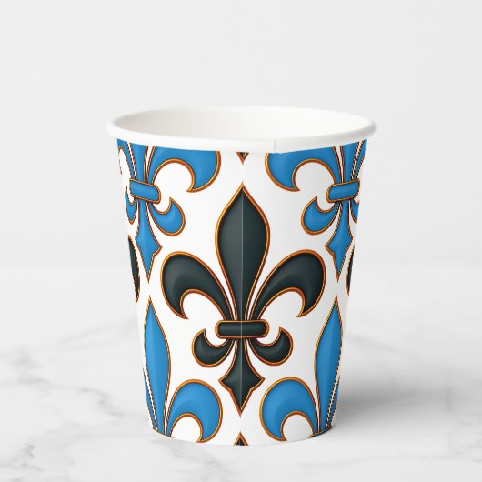 Blue Black Baroque Fleur-de-lis Pattern Design  Pappbecher (Rechts)