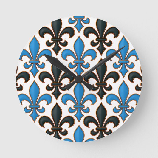 Blue Black Baroque Fleur-de-lis Pattern Design Runde Wanduhr (Vorderseite)