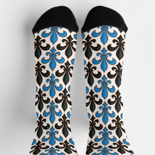Blue Black Baroque Fleur-de-lis Pattern Design Socken (Oben)