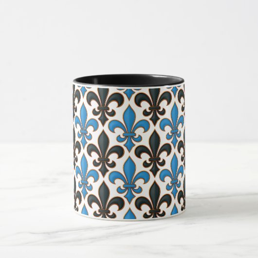 Blue Black Baroque Fleur-de-lis Pattern Design Tasse (Zentrum)