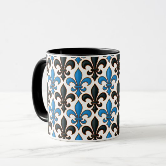 Blue Black Baroque Fleur-de-lis Pattern Design Tasse (Vorderseite Links)