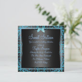 Blue/Black Bow & Frame Sweet16 Geburtstag Einladun Einladung (Stehend Vorderseite)