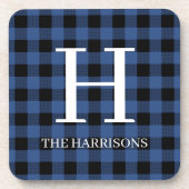 Blue Black Buffalo Plaid Monogram Holiday Getränkeuntersetzer (Vorderseite)