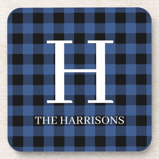 Blue Black Buffalo Plaid Monogram Holiday Getränkeuntersetzer (Vorderseite)