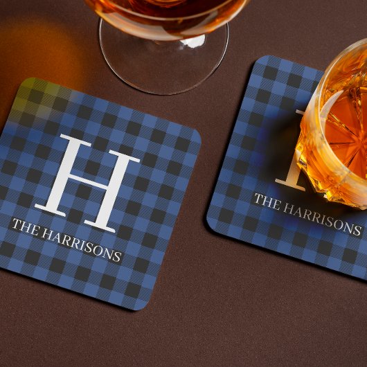 Blue Black Buffalo Plaid Monogram Holiday Getränkeuntersetzer