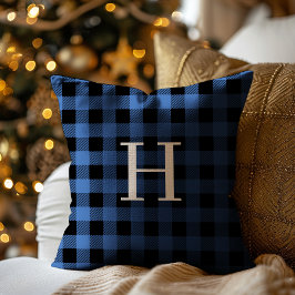 Blue Black Buffalo Plaid Monogram Holiday Kissen