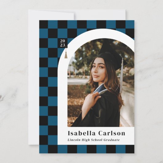 Blue & Black Checkered Arch Grad Annoucement Ankündigung (Vorderseite)