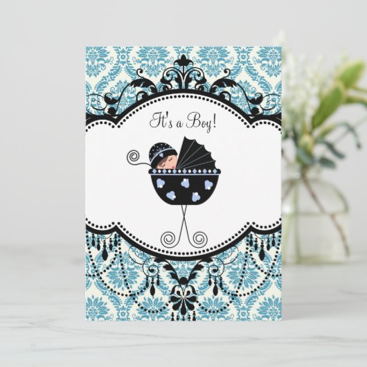 Blue Black Damask Baby Boy Dusche Einladungen (Stehend Vorderseite)