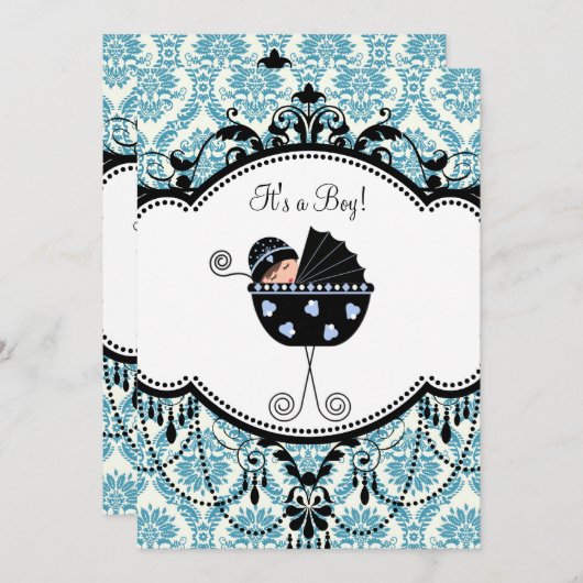 Blue Black Damask Baby Boy Dusche Einladungen (Vorne/Hinten)