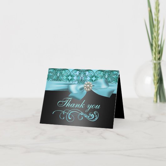 Blue/Black Damask & Bow Dankeschön Karte (Vorderseite)