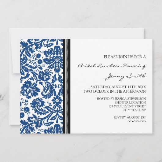 Blue Black Damask Bridal Lunch Einladung (Rückseite)