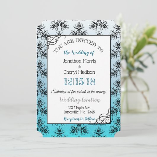 Blue Black Damask Classy Wedding Einladungen (Stehend Vorderseite)