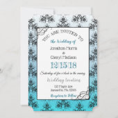 Blue Black Damask Classy Wedding Einladungen (Vorderseite)