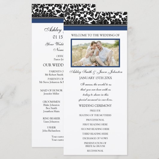 Blue Black Damask Foto Hochzeitsprogramm Programm (Vorne/Hinten)