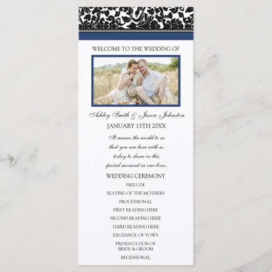 Blue Black Damask Foto Hochzeitsprogramm Programm (Vorderseite)