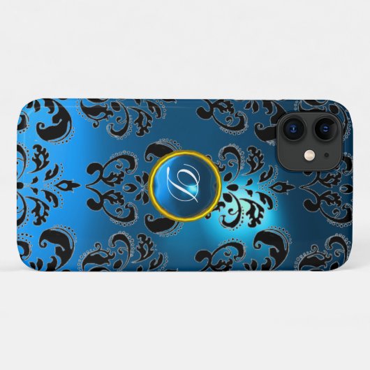 BLUE BLACK DAMASK GEM MONOGRAMM Case-Mate iPhone HÜLLE (Rückseite (Horizontal))
