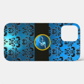BLUE BLACK DAMASK GEM STONE MONOGRAMM Case-Mate iPhone HÜLLE (Rückseite (Horizontal))