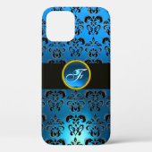 BLUE BLACK DAMASK GEM STONE MONOGRAMM Case-Mate iPhone HÜLLE (Rückseite)