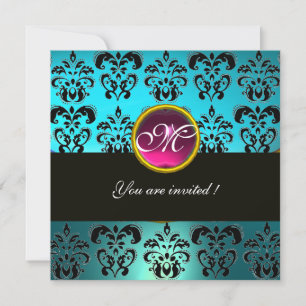 BLUE BLACK DAMASK MONOGRAM, pink amethyst turquase Einladung