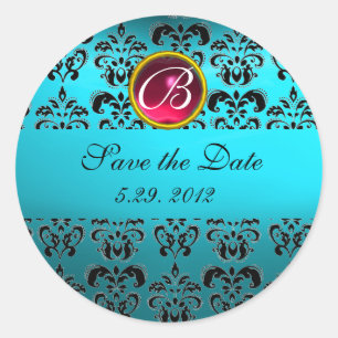 BLUE BLACK DAMASK MONOGRAM, rot ruby turquase Runder Aufkleber