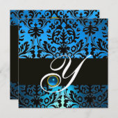 BLUE BLACK DAMASK MONOGRAM Saphir Einladung (Vorne/Hinten)