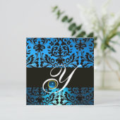 BLUE BLACK DAMASK MONOGRAM Saphir Einladung (Stehend Vorderseite)