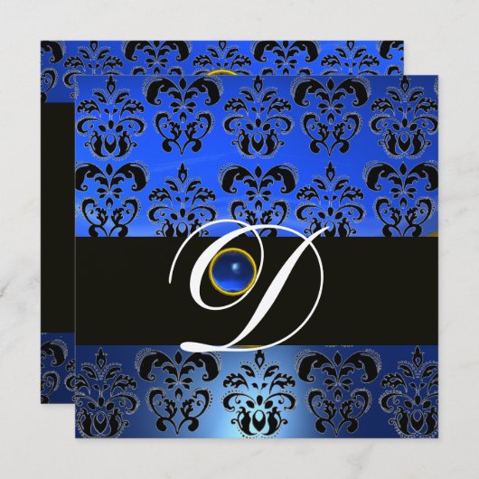 BLUE BLACK DAMASK MONOGRAM SAPPHIRE CHAMPAGNE EINLADUNG (Vorne/Hinten)