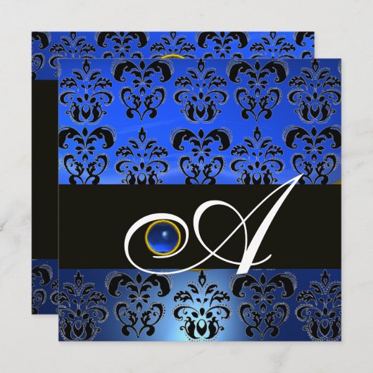 BLUE BLACK DAMASK MONOGRAM SAPPHIRE EINLADUNG (Vorne/Hinten)