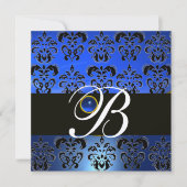 BLUE BLACK DAMASK MONOGRAM SAPPHIRE GOLD METALLIC EINLADUNG (Vorderseite)