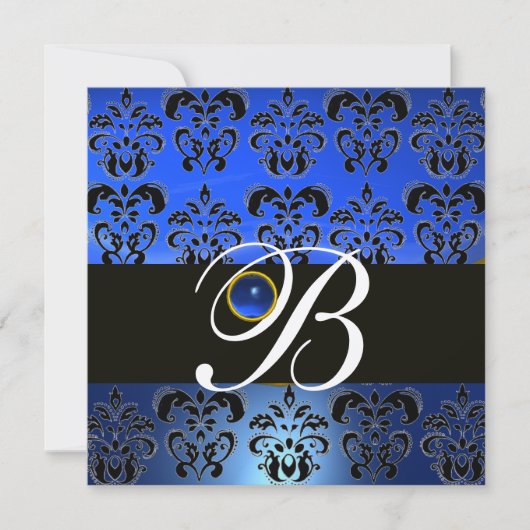BLUE BLACK DAMASK MONOGRAM SAPPHIRE GOLD METALLIC EINLADUNG (Vorderseite)