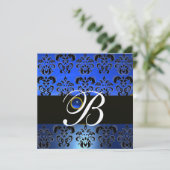 BLUE BLACK DAMASK MONOGRAM SAPPHIRE GOLD METALLIC EINLADUNG (Stehend Vorderseite)