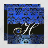 BLUE BLACK DAMASK MONOGRAM SAPPHIRE WHITE ICE EINLADUNG (Vorne/Hinten)