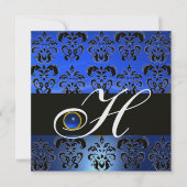 BLUE BLACK DAMASK MONOGRAM SAPPHIRE WHITE ICE EINLADUNG (Vorderseite)